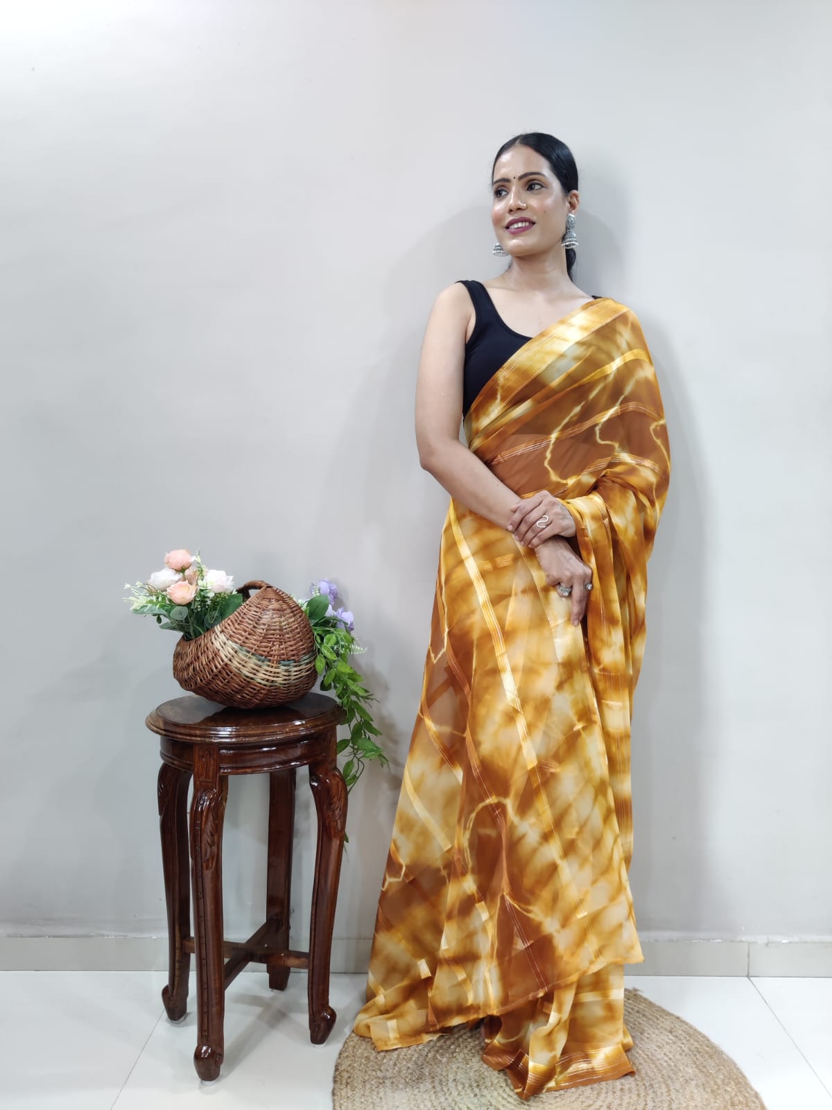 Shibori Print Mustard Color Ready To Wear Saree