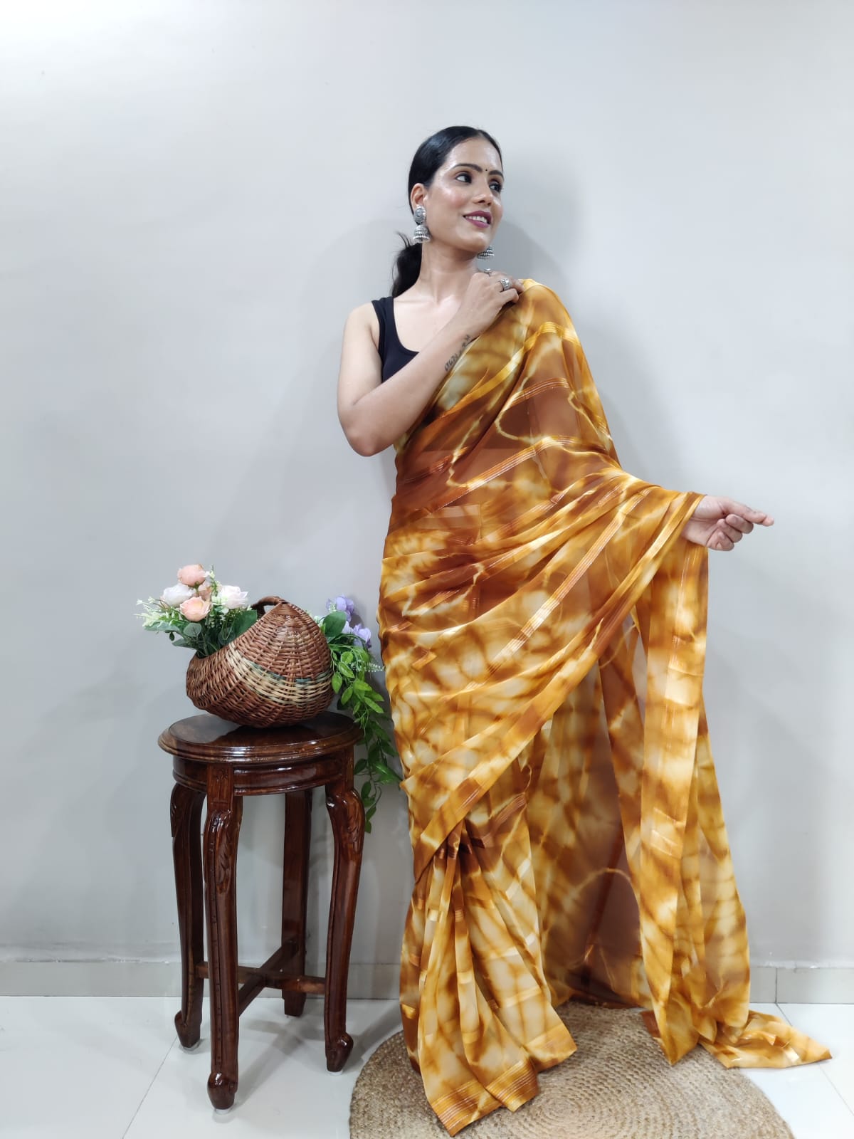 Shibori Print Mustard Color Ready To Wear Saree