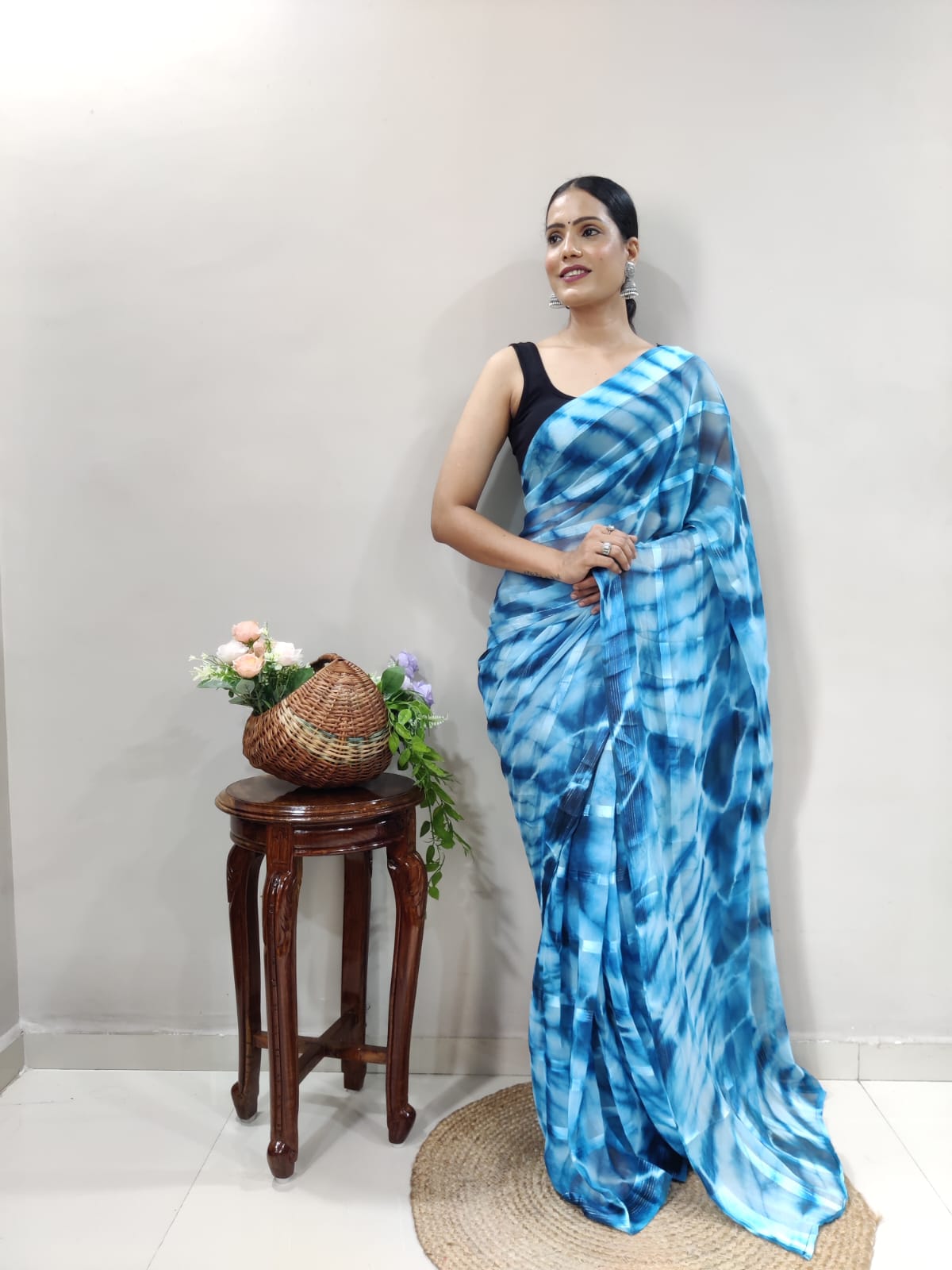 Shibori Print Firozi Color Ready To Wear Saree