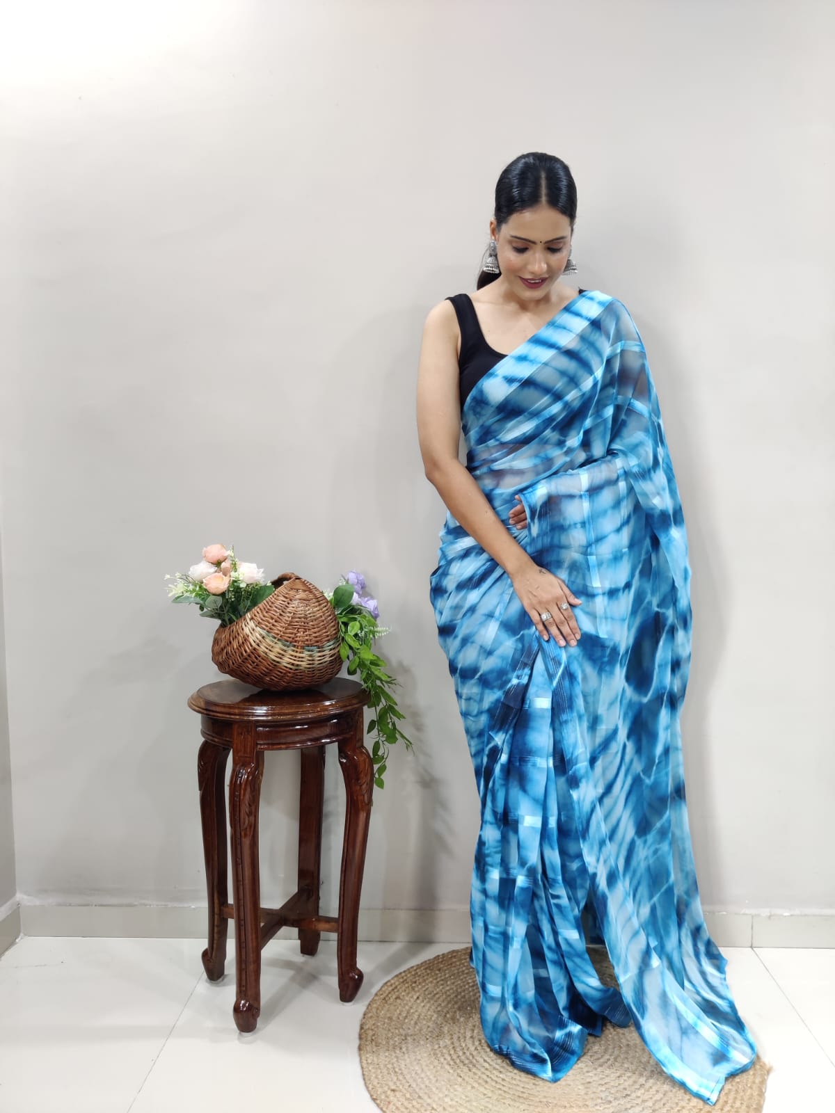 Shibori Print Firozi Color Ready To Wear Saree