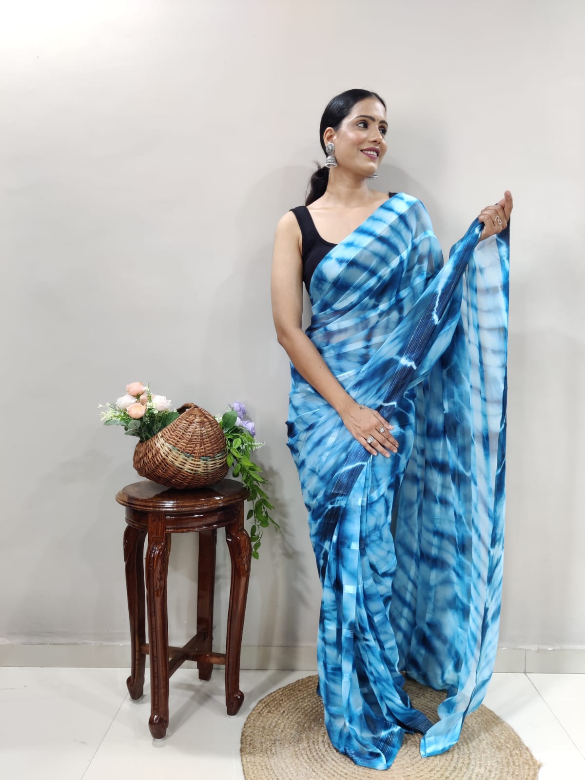 Shibori Print Firozi Color Ready To Wear Saree