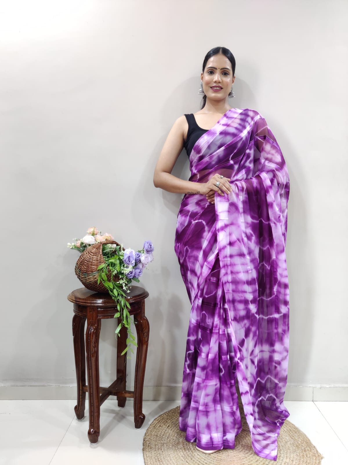 Shibori Print Purple Color Ready To Wear Saree