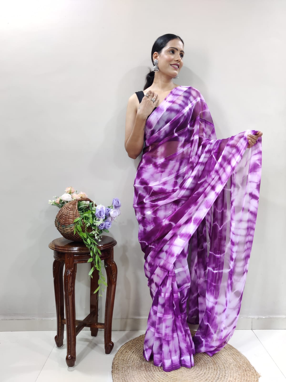 Shibori Print Purple Color Ready To Wear Saree