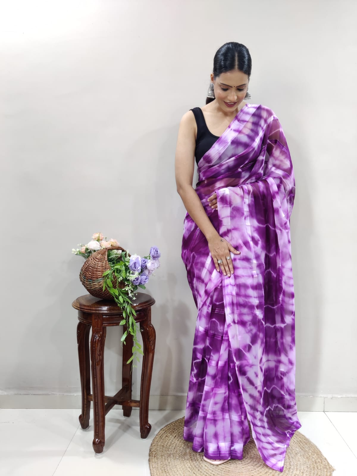 Shibori Print Purple Color Ready To Wear Saree