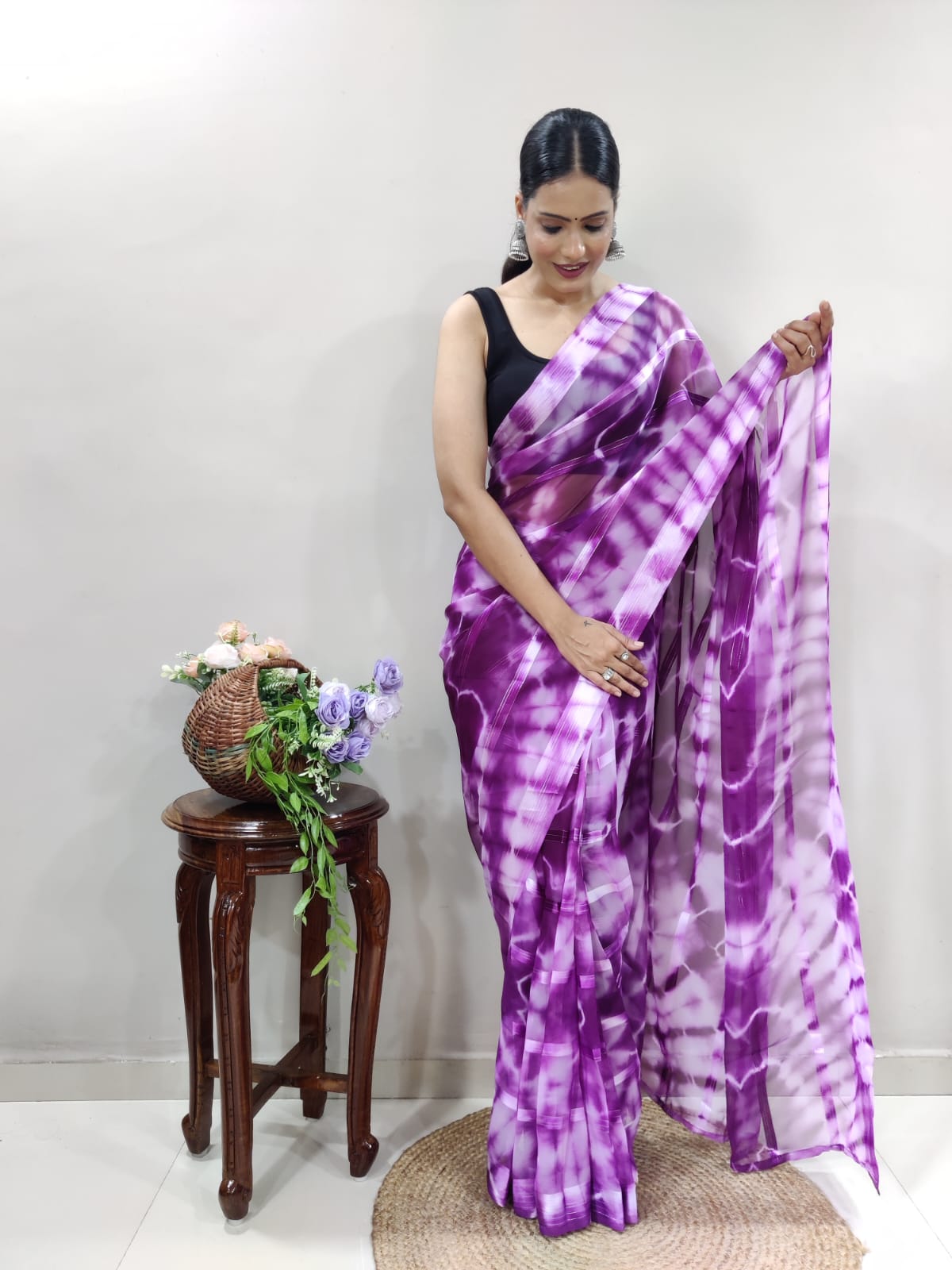 Shibori Print Purple Color Ready To Wear Saree