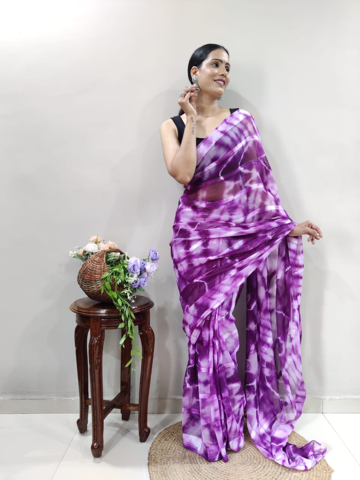 Shibori Print Purple Color Ready To Wear Saree