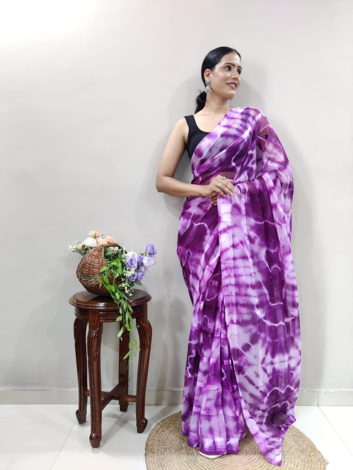 Shibori Print Purple Color Ready To Wear Saree