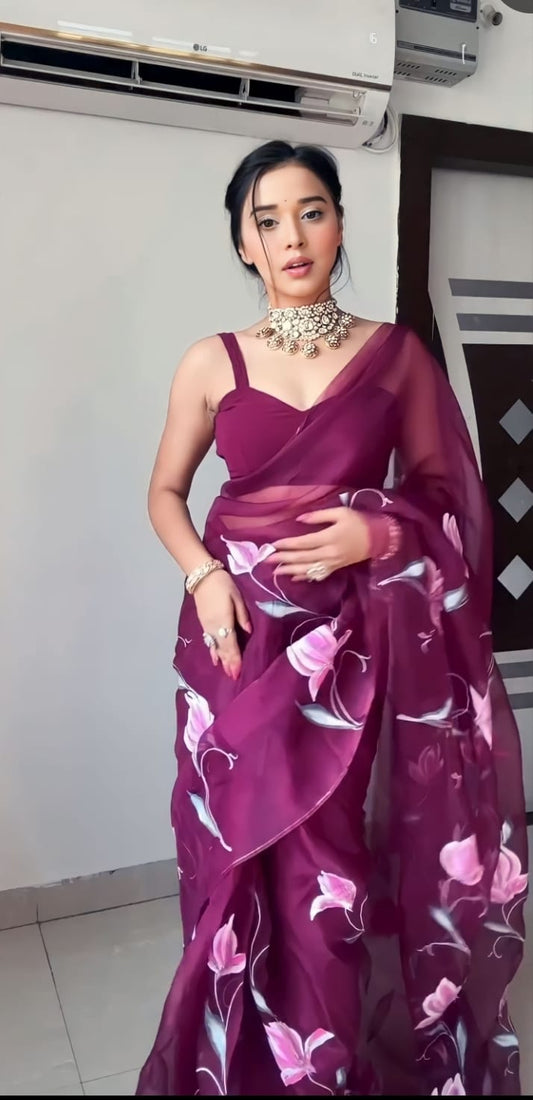 Shining Flower Digital Print Wine Color Ready To Wear Saree