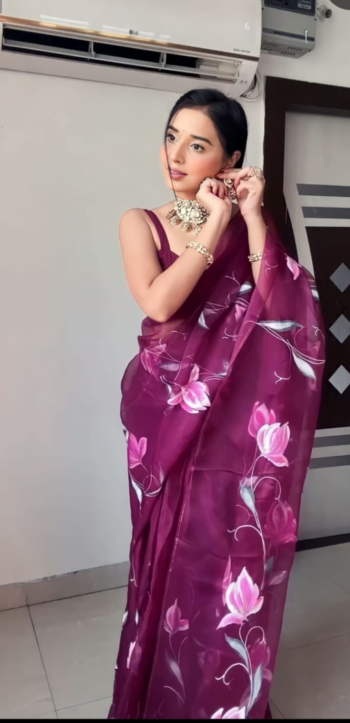 Shining Flower Digital Print Wine Color Ready To Wear Saree