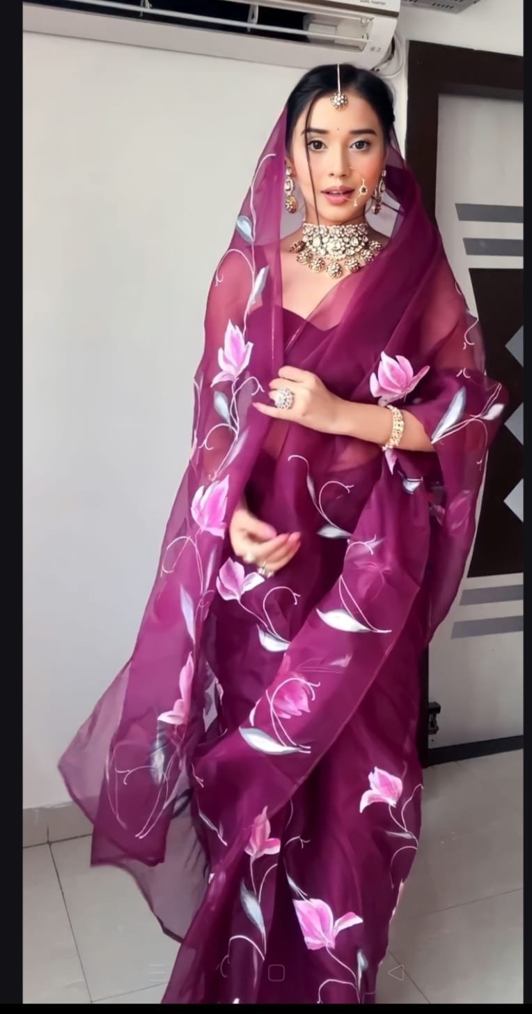 Shining Flower Digital Print Wine Color Ready To Wear Saree