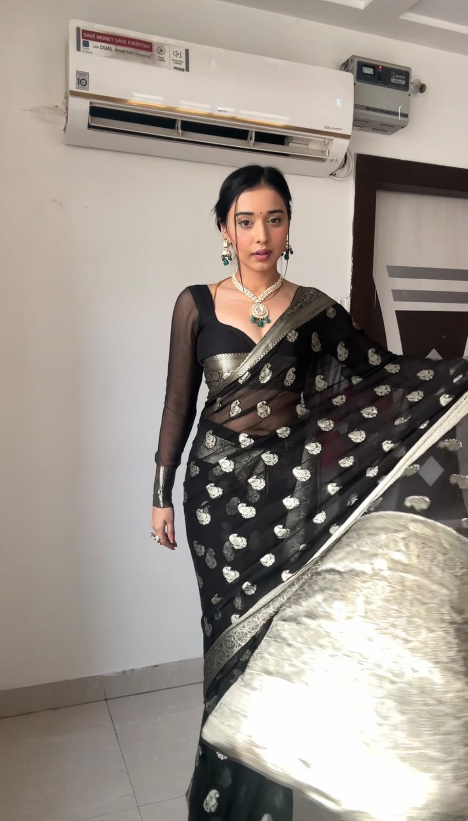 Lovely Jacquard Work Black Color Ready To Wear Saree