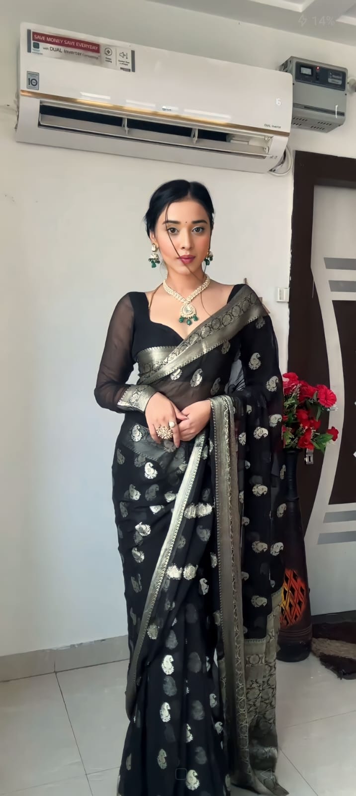 Lovely Jacquard Work Black Color Ready To Wear Saree