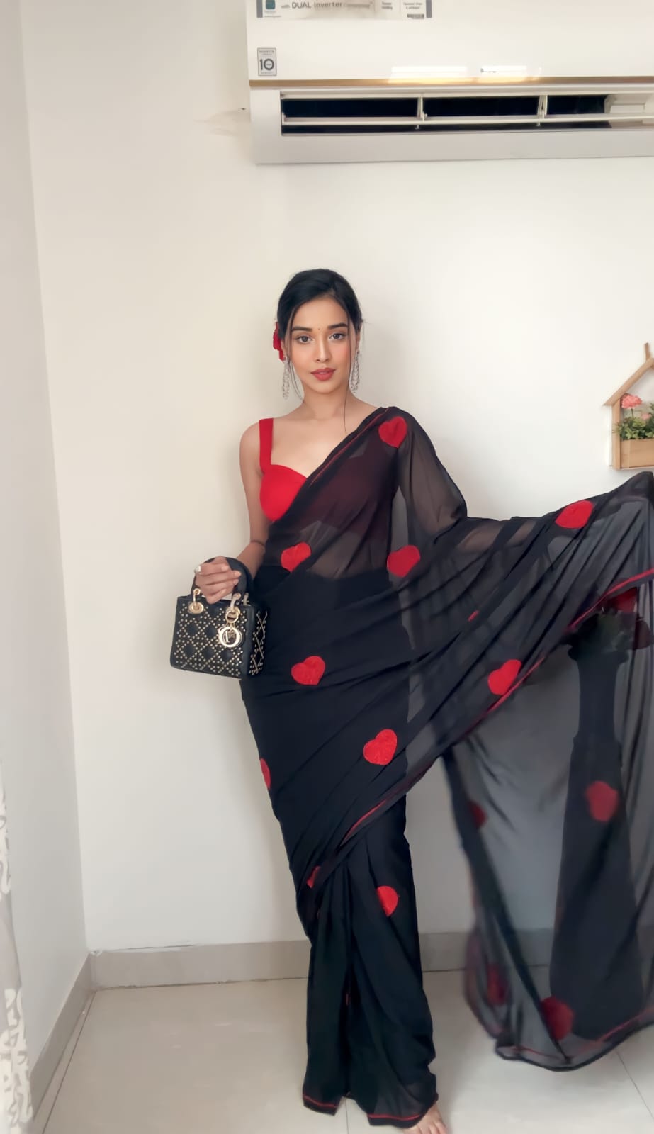 Fantastic Black Color Red Heart Embroidery Work Ready To Wear Saree