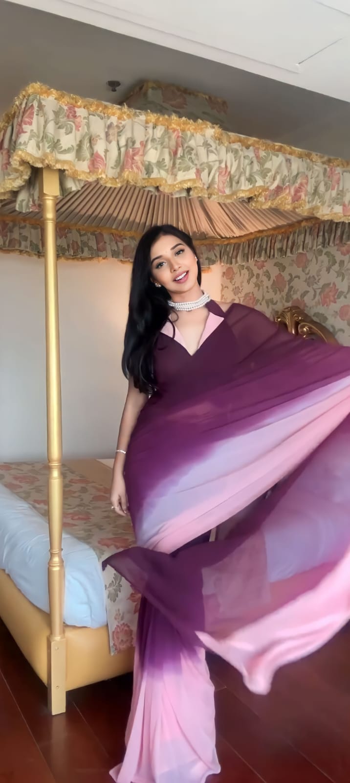 Glimmering Purple Color Plain Ready To Wear Saree