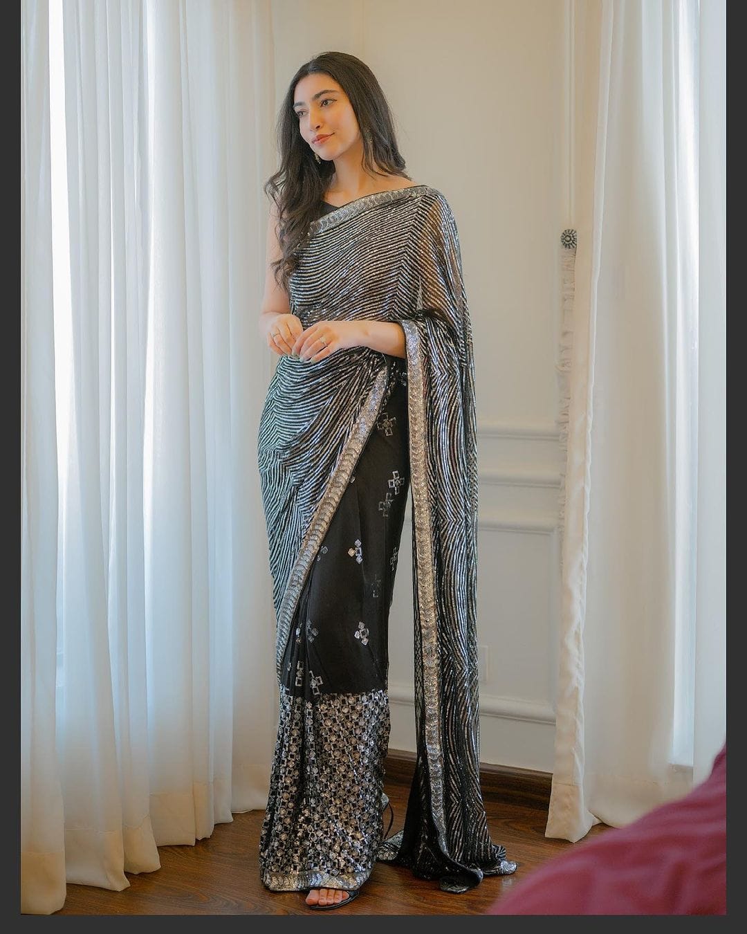 Adorable Bollywood Sequence Work Black Color Saree