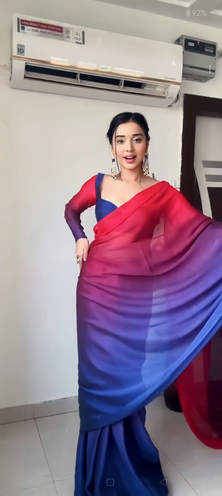 Admiring Red With Blue Color Plain Ready To Wear Saree