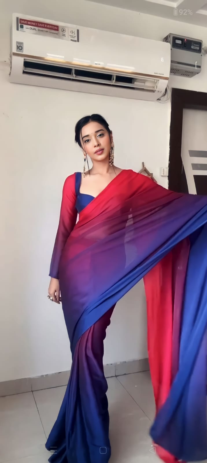 Admiring Red With Blue Color Plain Ready To Wear Saree