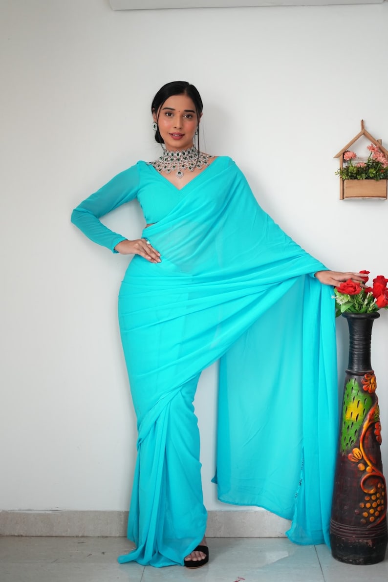 Stylish Georgette Sky Blue Color Ready To Wear Saree