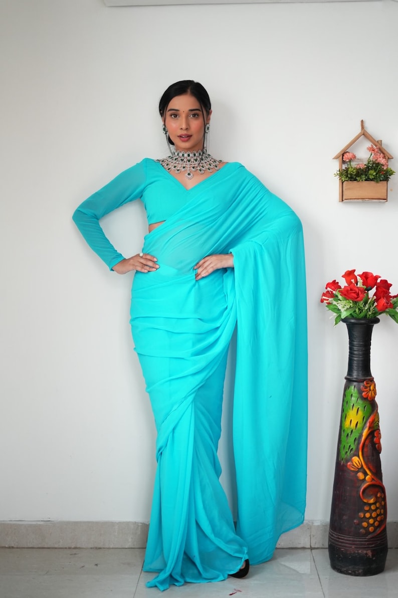 Stylish Georgette Sky Blue Color Ready To Wear Saree