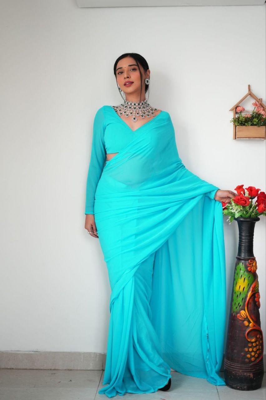 Stylish Georgette Sky Blue Color Ready To Wear Saree