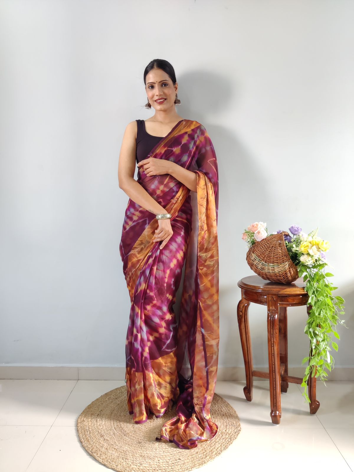 Shibori Print Maroon Color Ready To Wear Saree