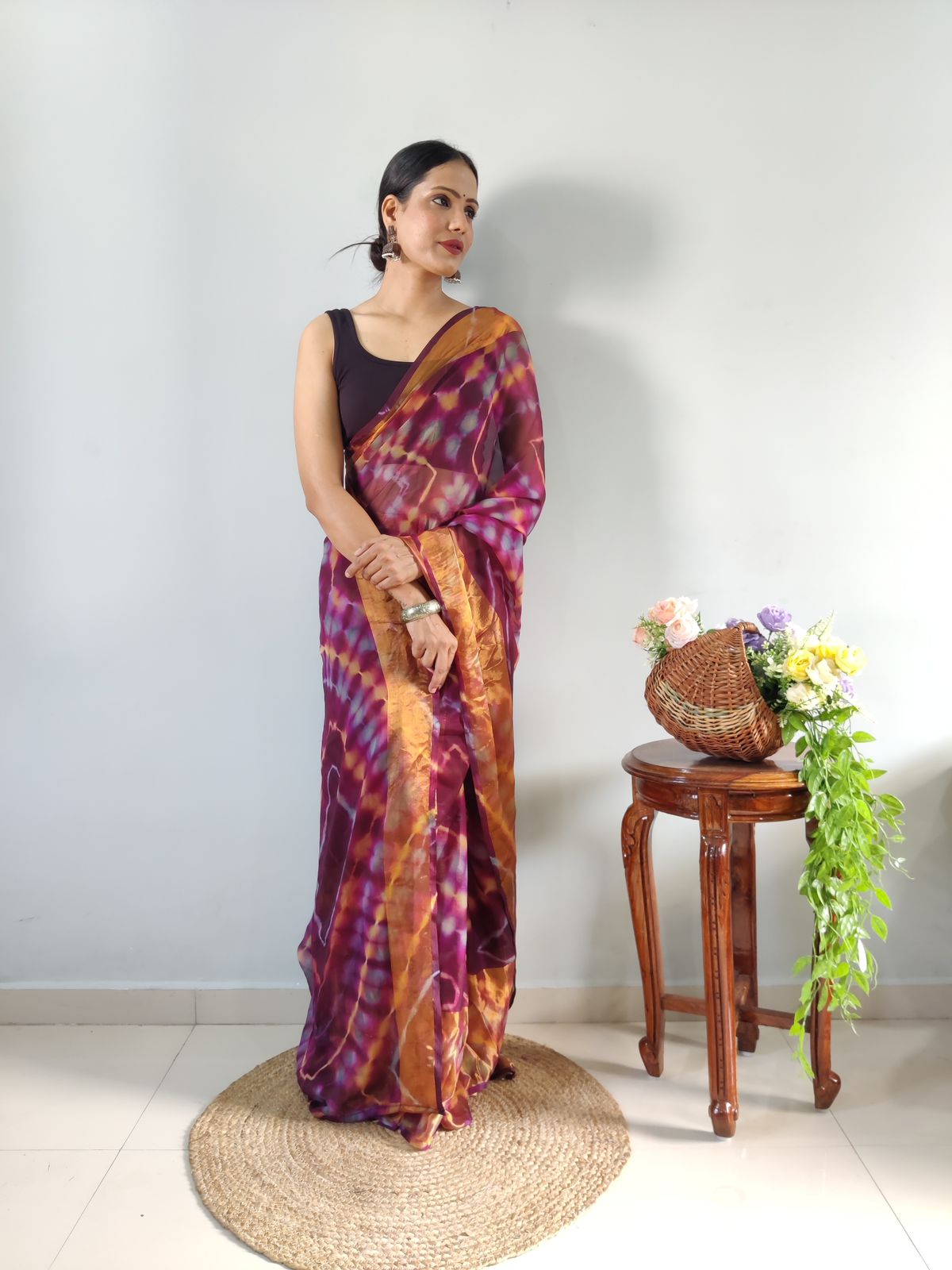 Shibori Print Maroon Color Ready To Wear Saree