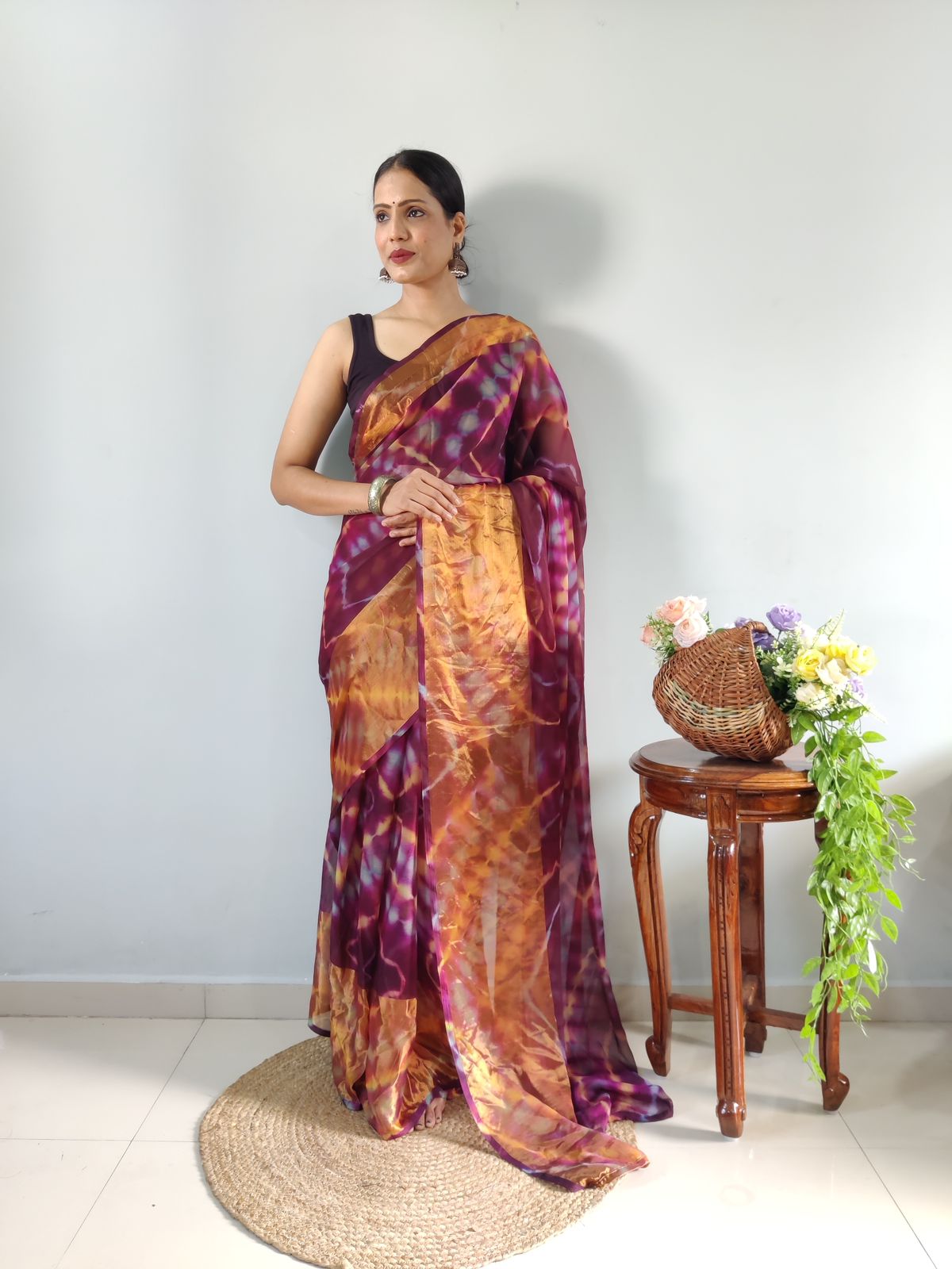 Shibori Print Maroon Color Ready To Wear Saree