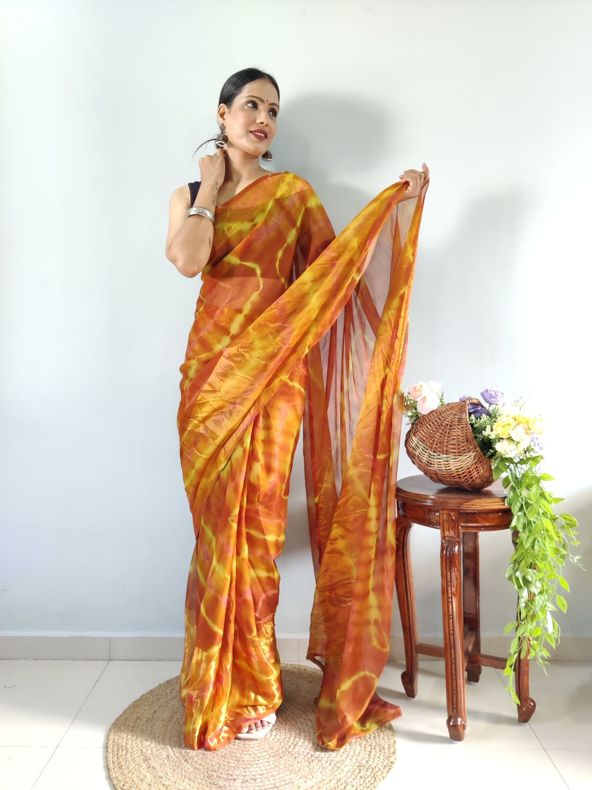 Shibori Print Mustard Color Ready To Wear Saree