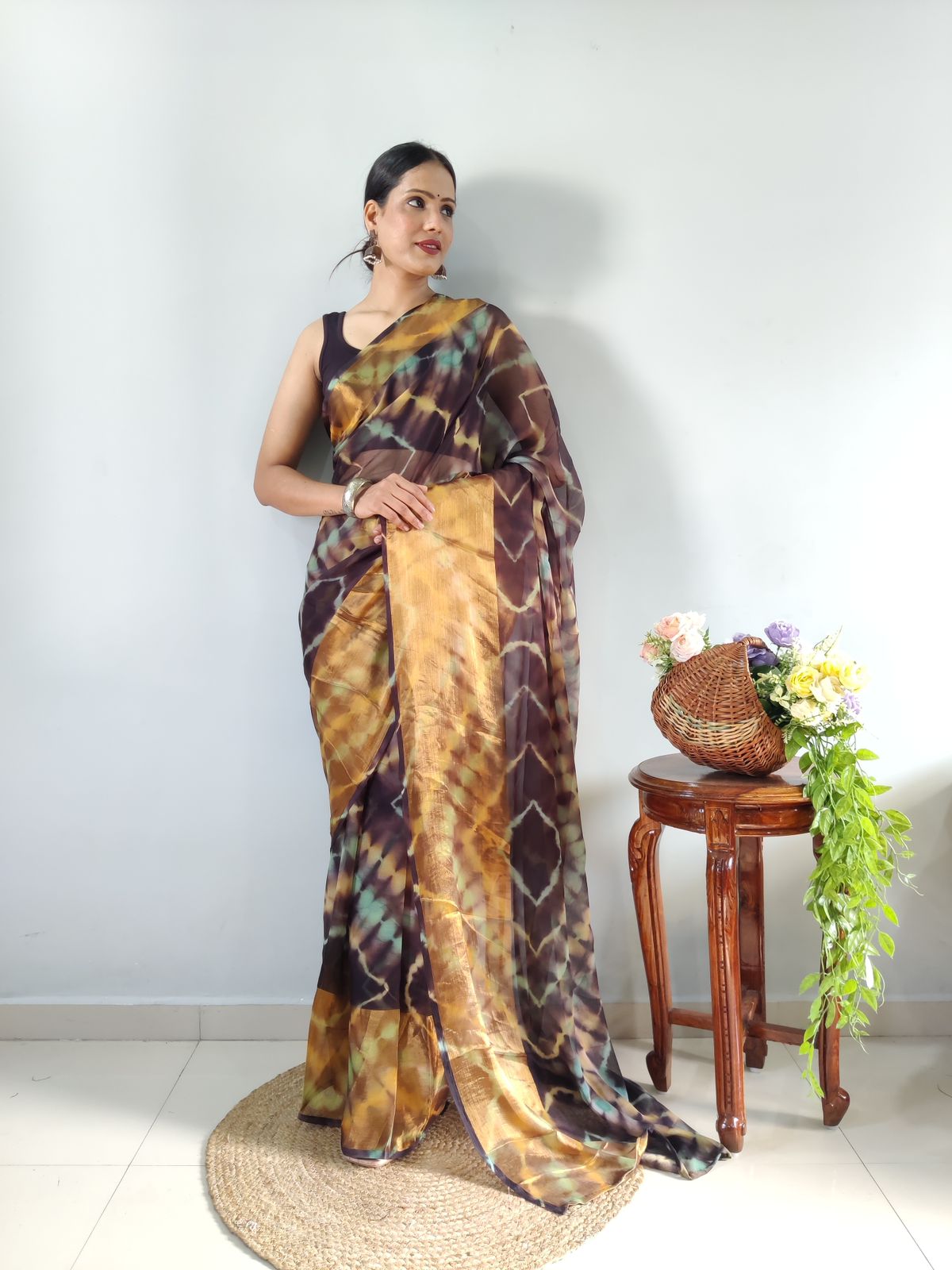 Shibori Print Black Color Ready To Wear Saree