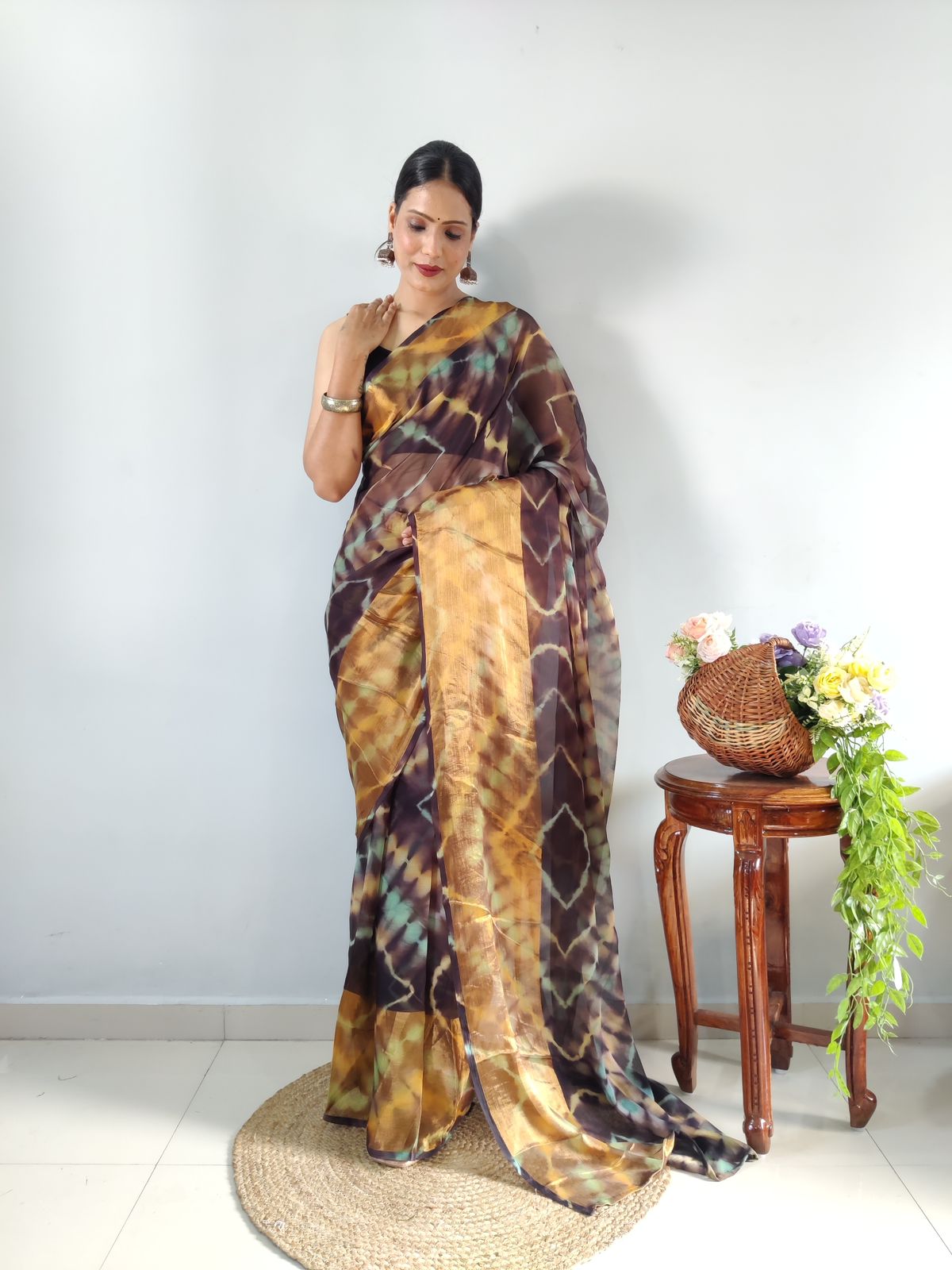 Shibori Print Black Color Ready To Wear Saree