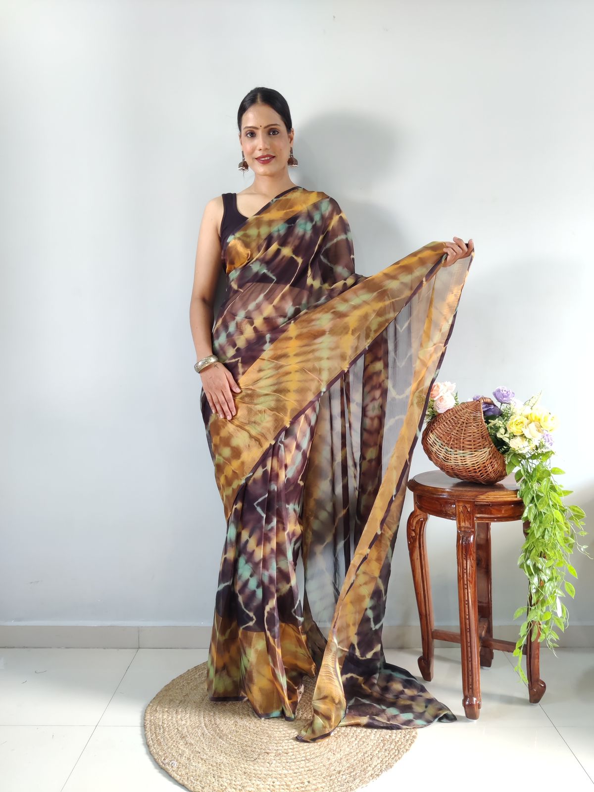 Shibori Print Black Color Ready To Wear Saree