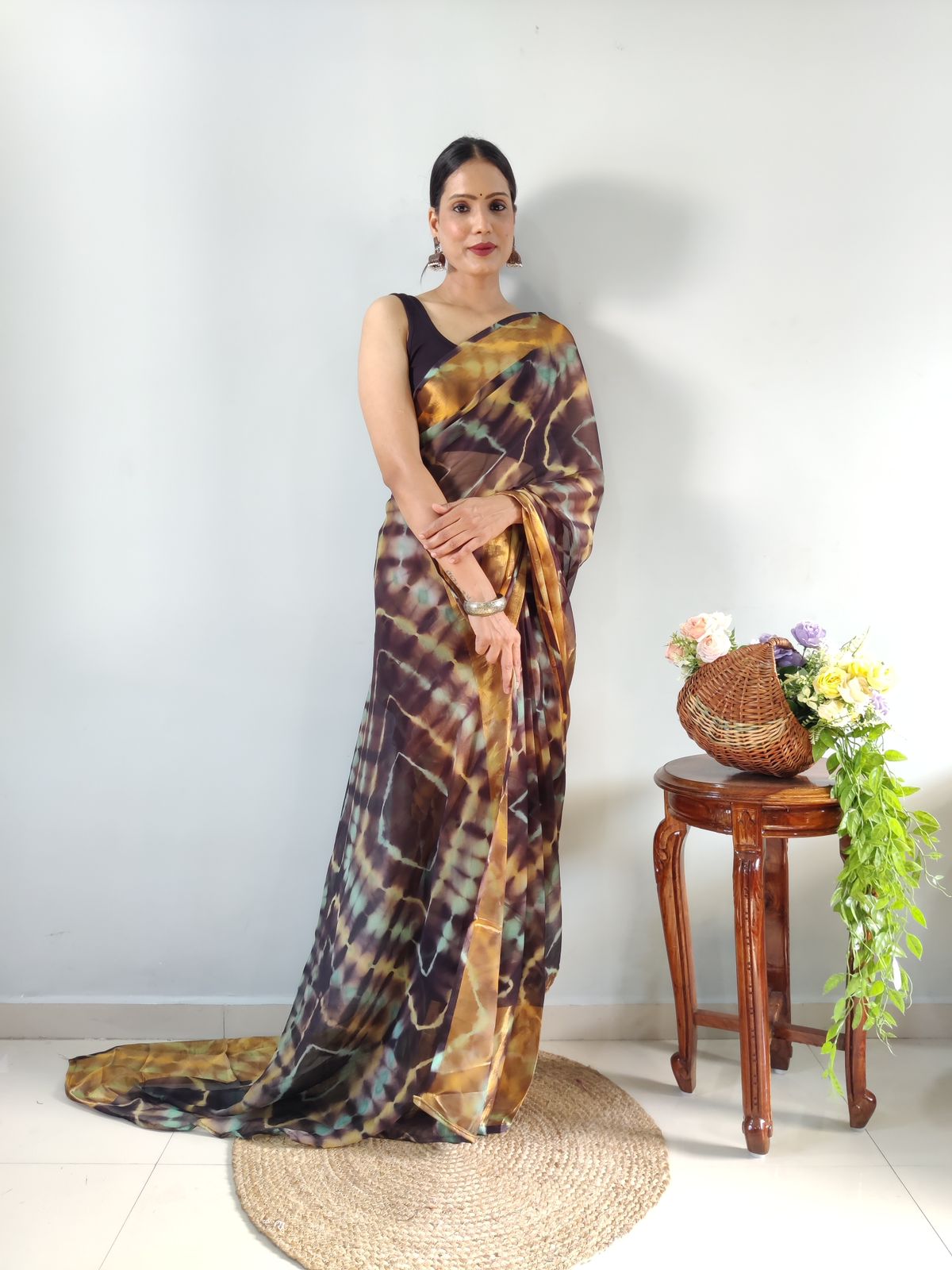 Shibori Print Black Color Ready To Wear Saree