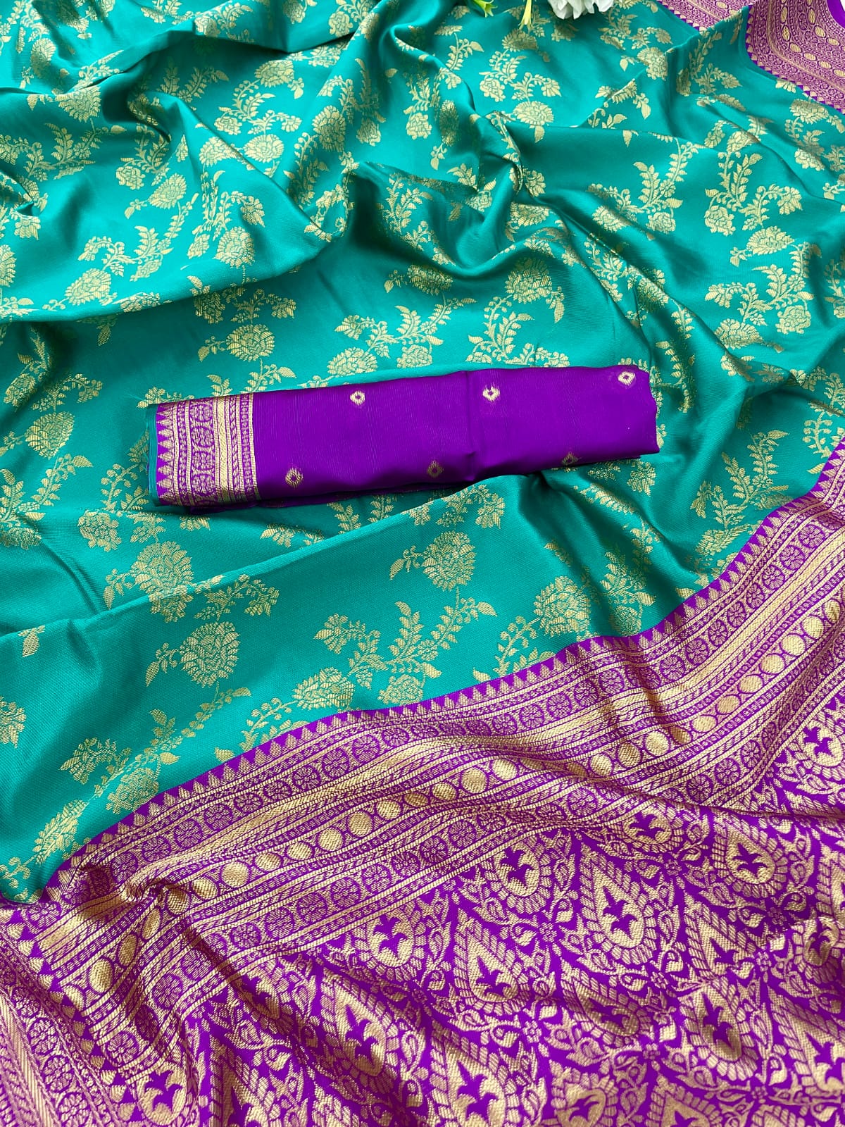 Stunning Jaquard Rama Color Silk Saree