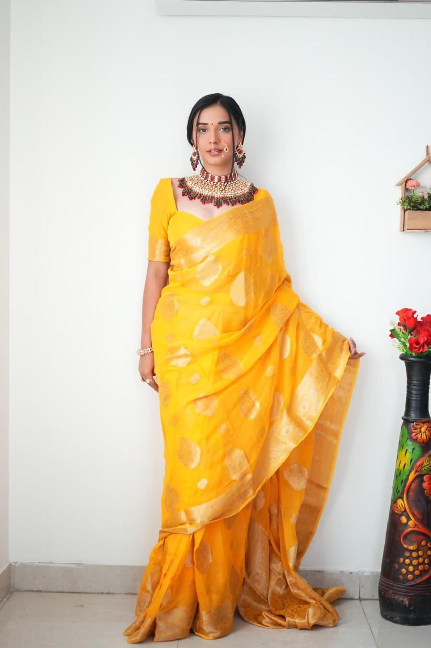 Fabulous Ready To Wear Haldi Wear Yellow Color Saree