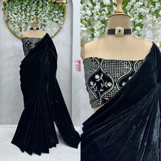 Velvet Black Color Saree With Work Blouse