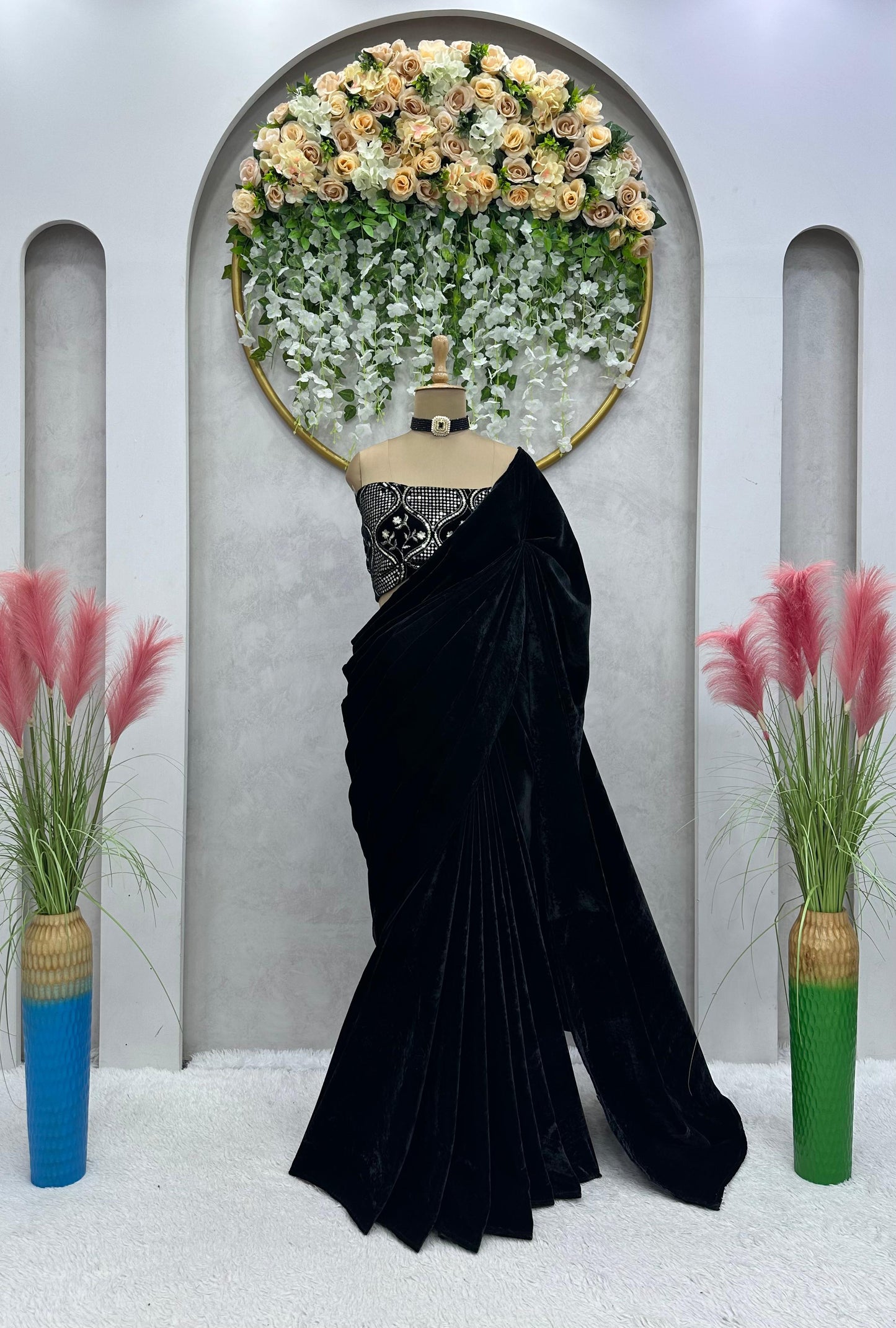 Velvet Black Color Saree With Work Blouse