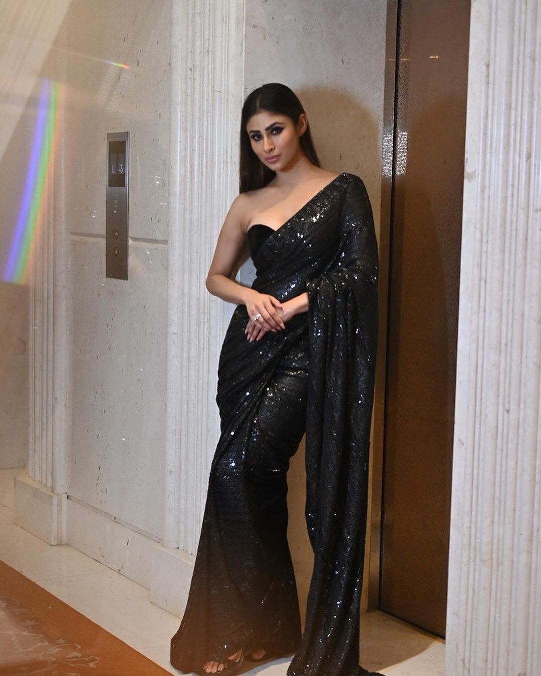 Mouni Roy Bollywood Black Color Sequence Saree