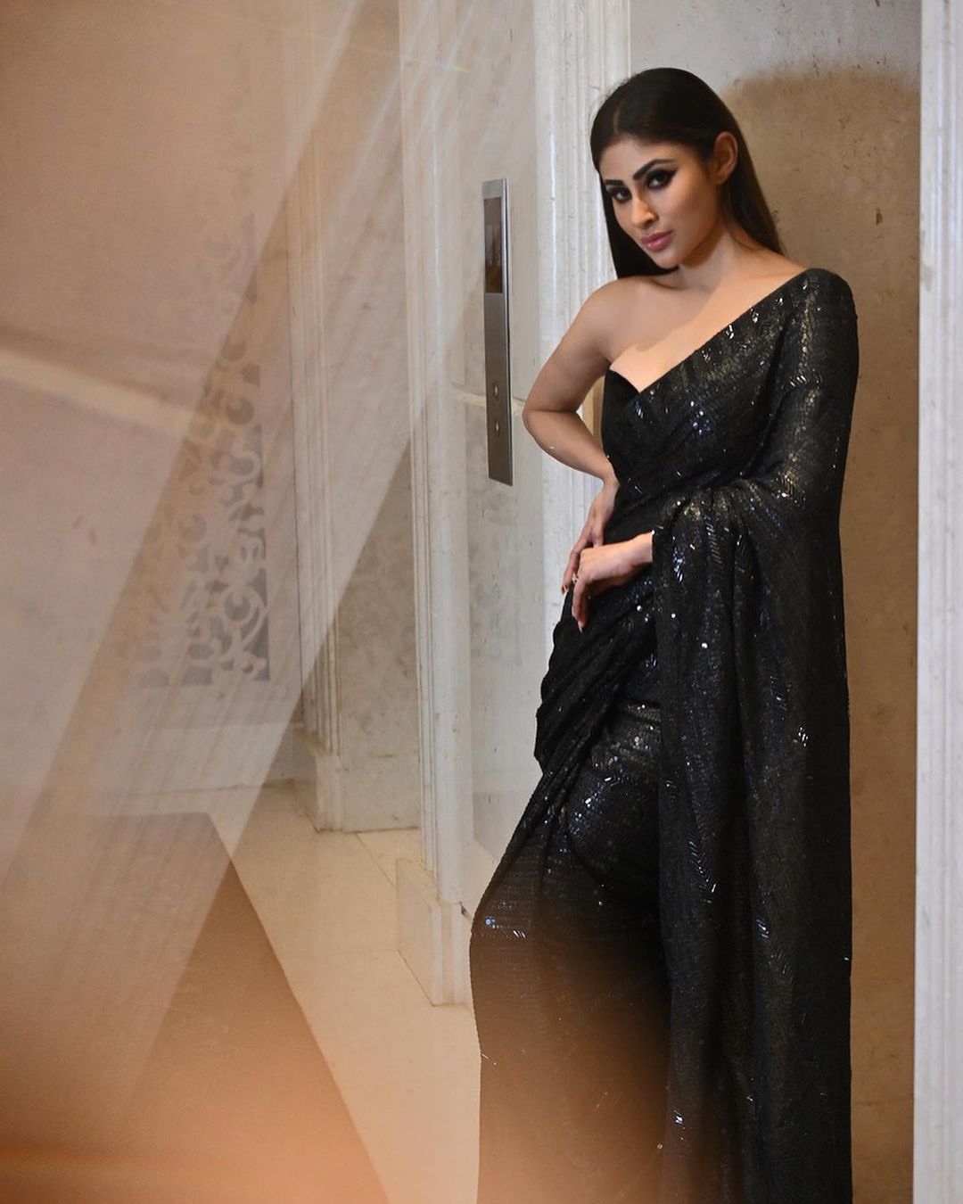 Mouni Roy Bollywood Black Color Sequence Saree