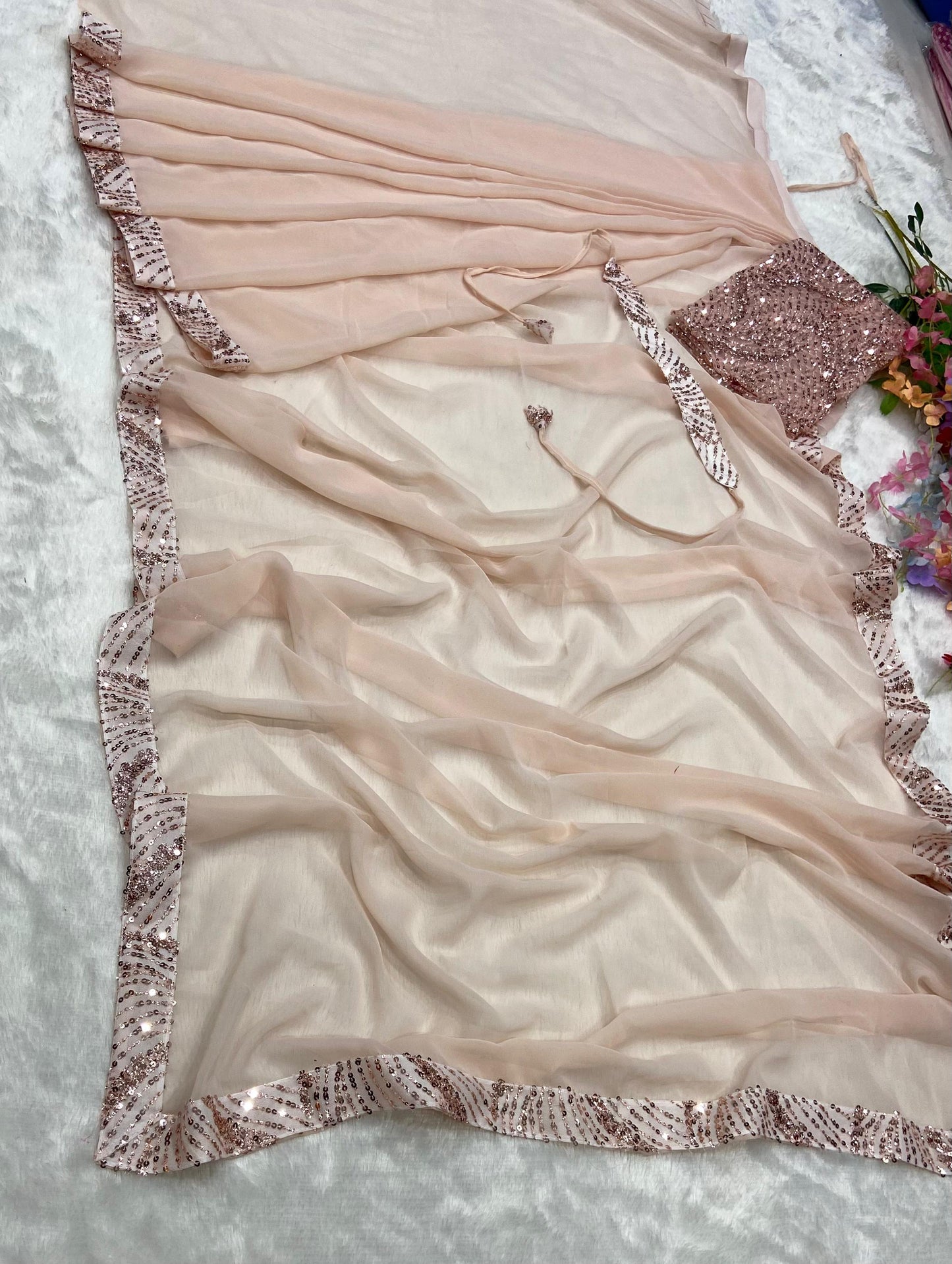 Lovely Peach Color Ready To Wear Organza Saree