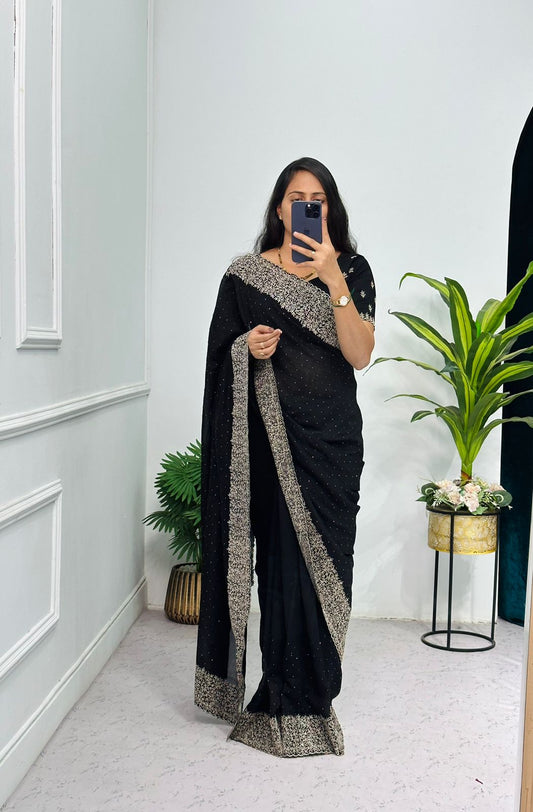 Elegant Black Color Vichitra Silk Saree