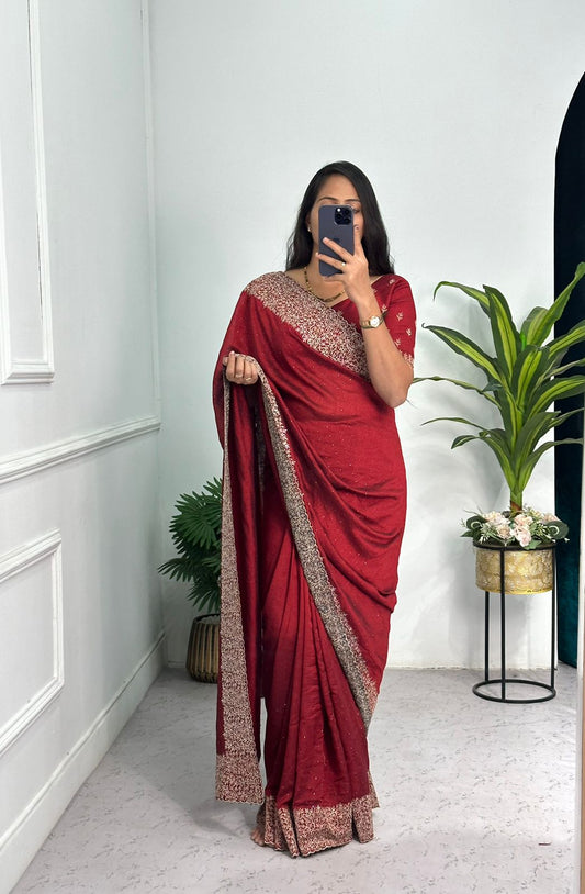 Elegant Maroon Color Vichitra Silk Saree