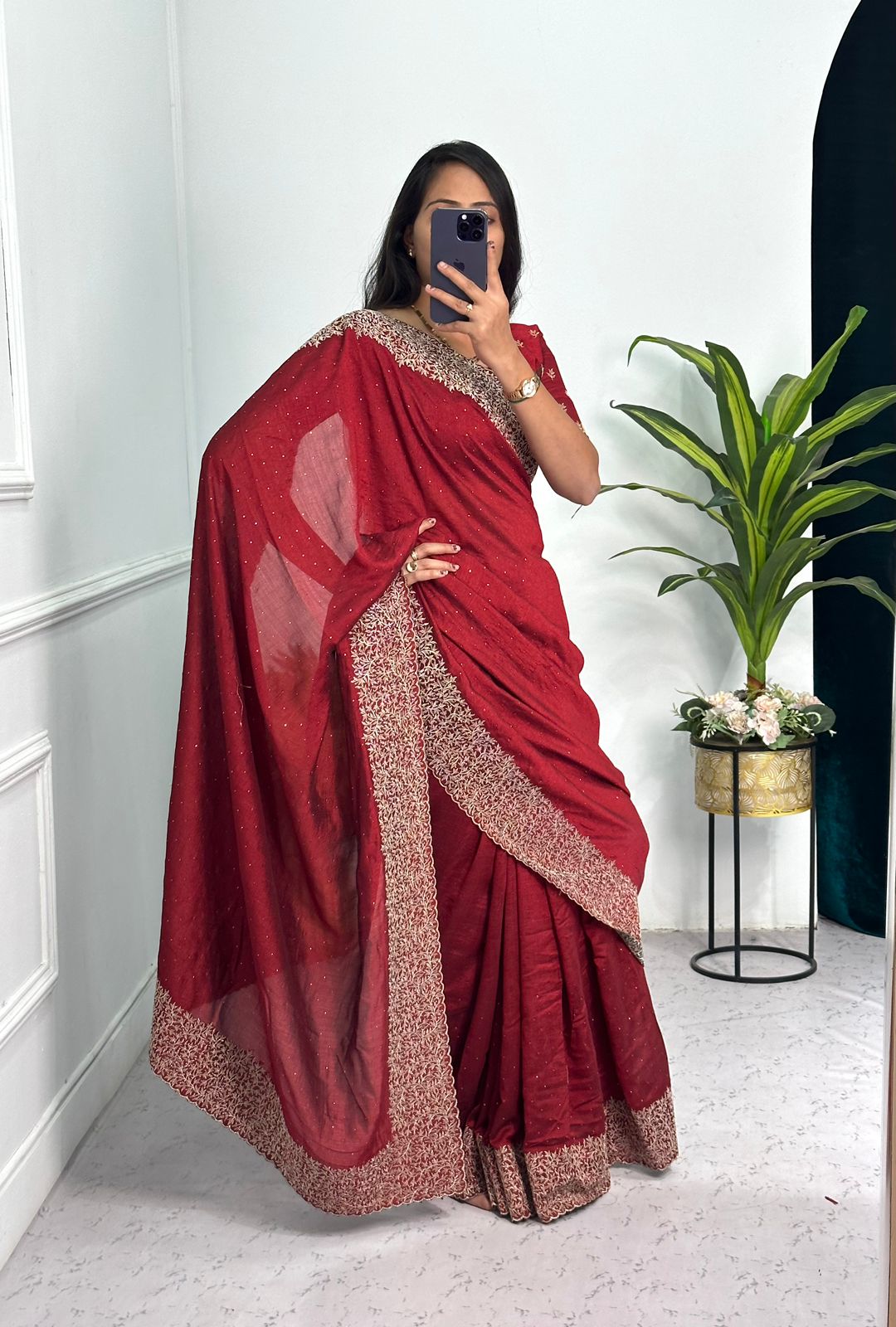 Elegant Maroon Color Vichitra Silk Saree