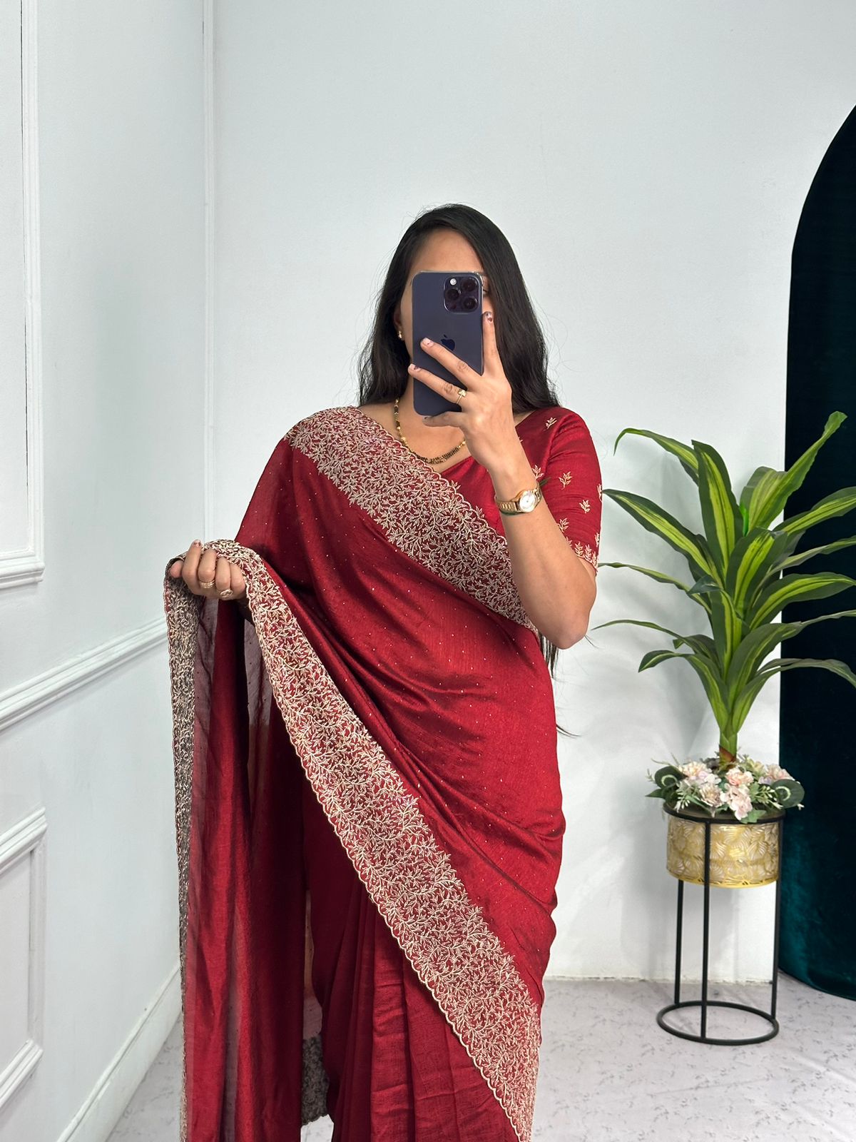 Elegant Maroon Color Vichitra Silk Saree