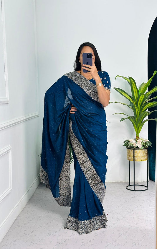 Elegant Navy Blue Color Vichitra Silk Saree