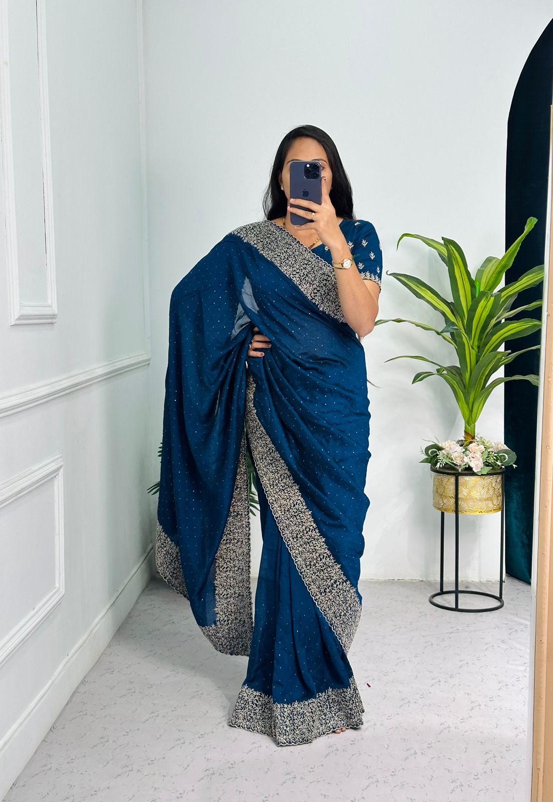 Elegant Navy Blue Color Vichitra Silk Saree