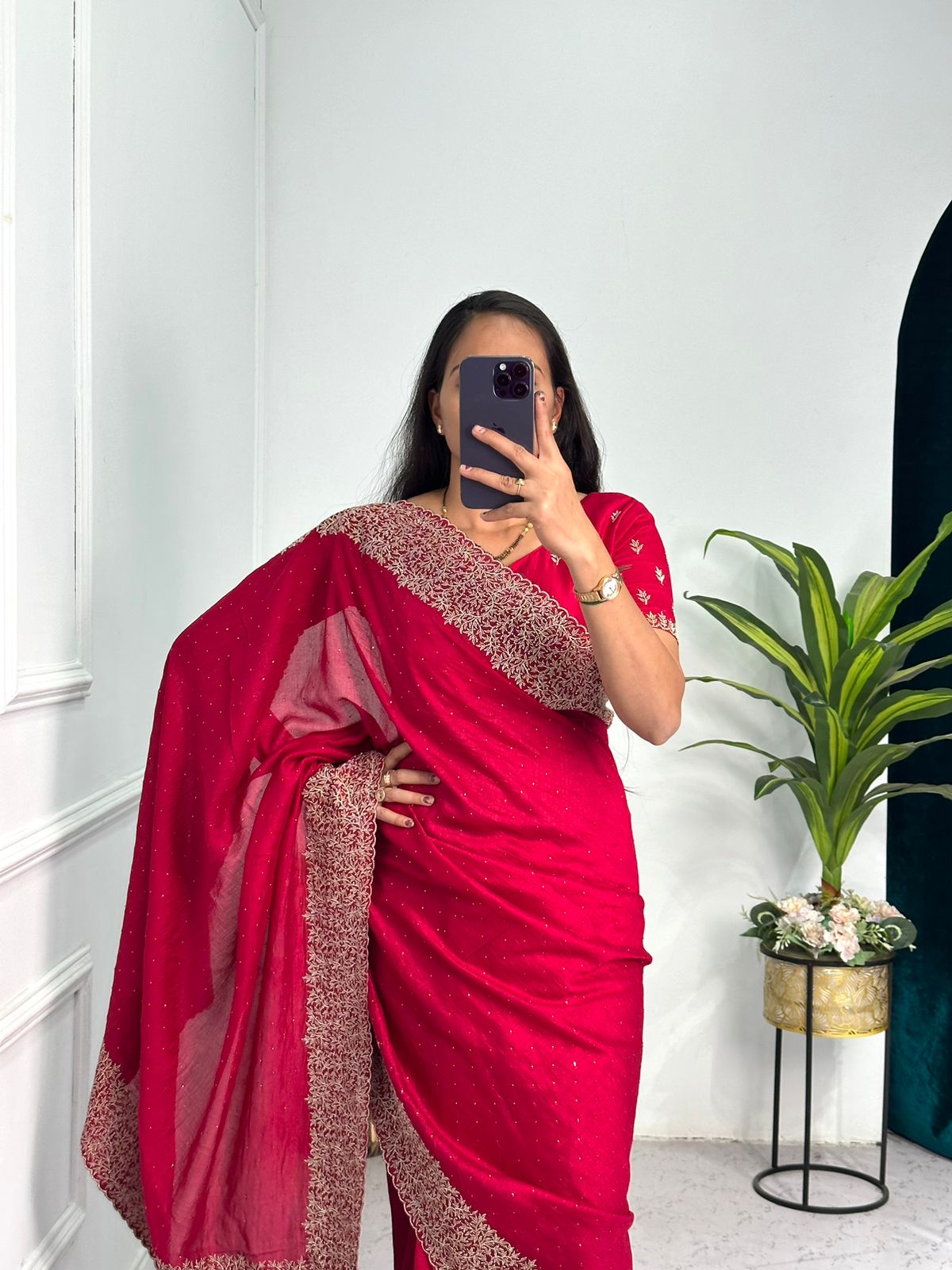 Elegant Red Color Vichitra Silk Saree