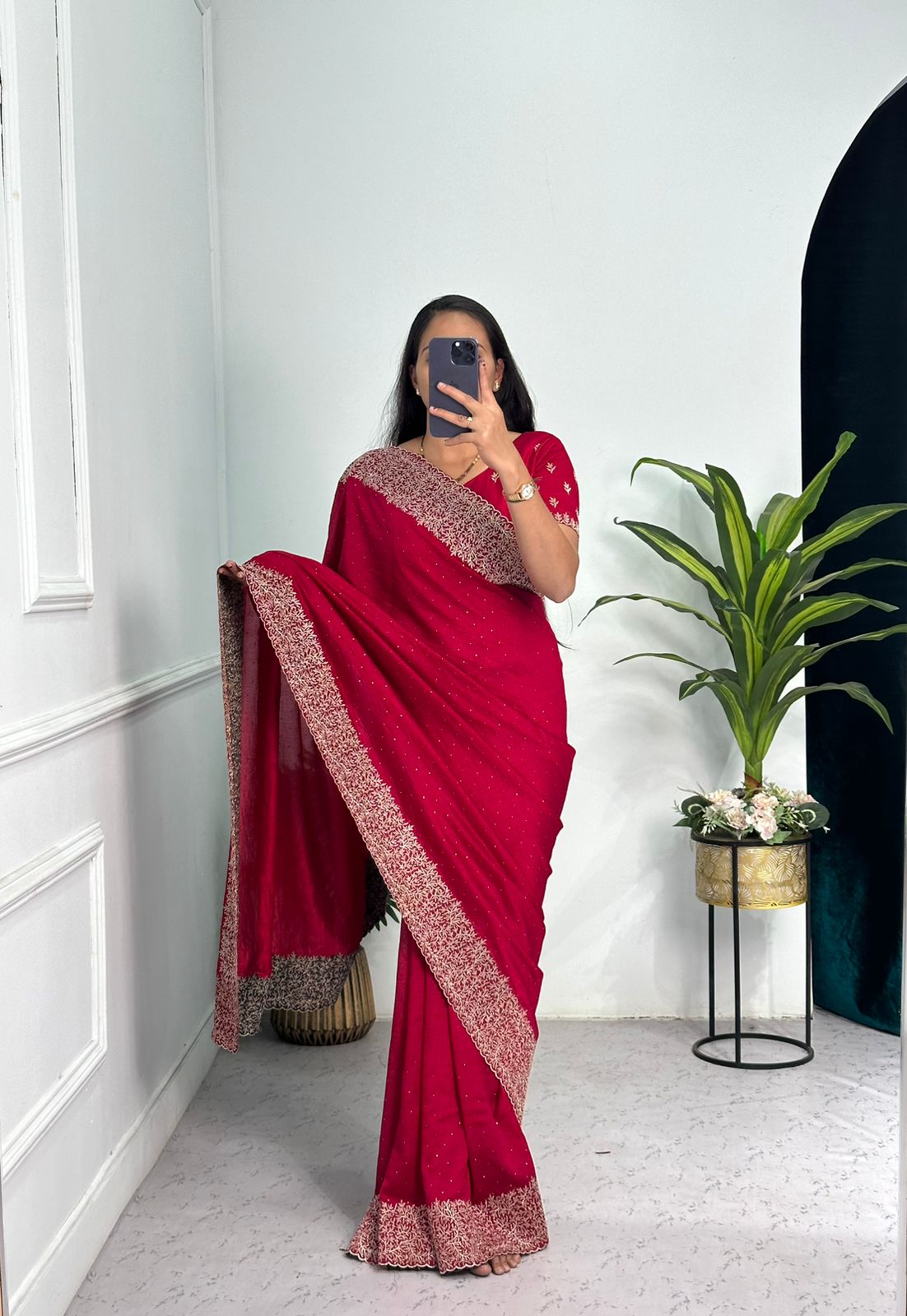 Elegant Red Color Vichitra Silk Saree