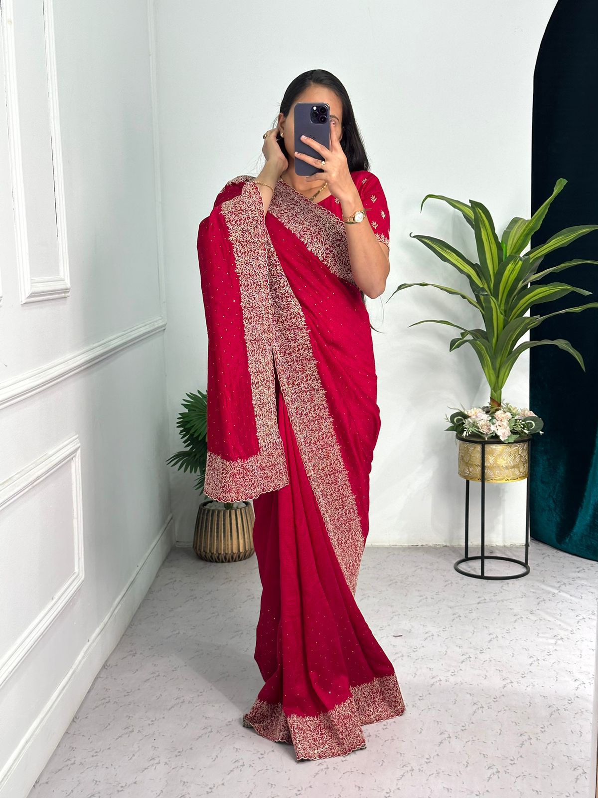 Elegant Red Color Vichitra Silk Saree