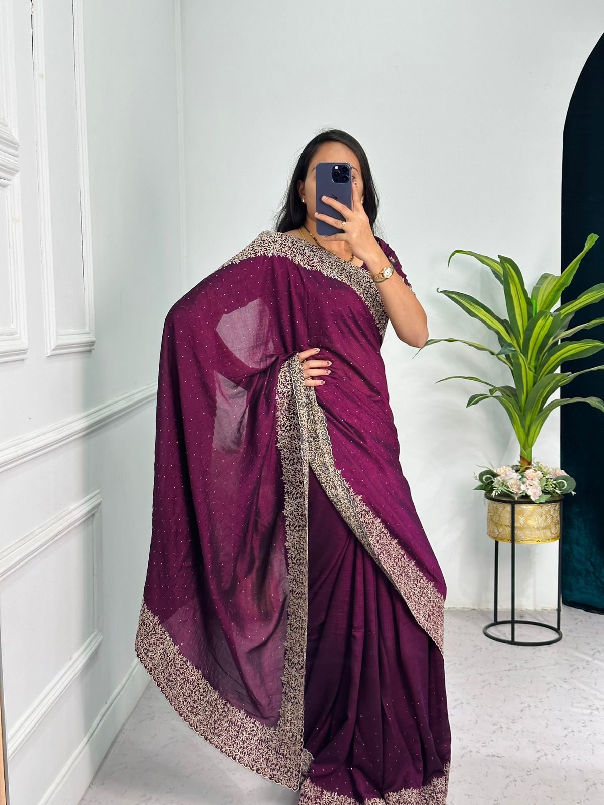 Elegant Wine Color Vichitra Silk Saree