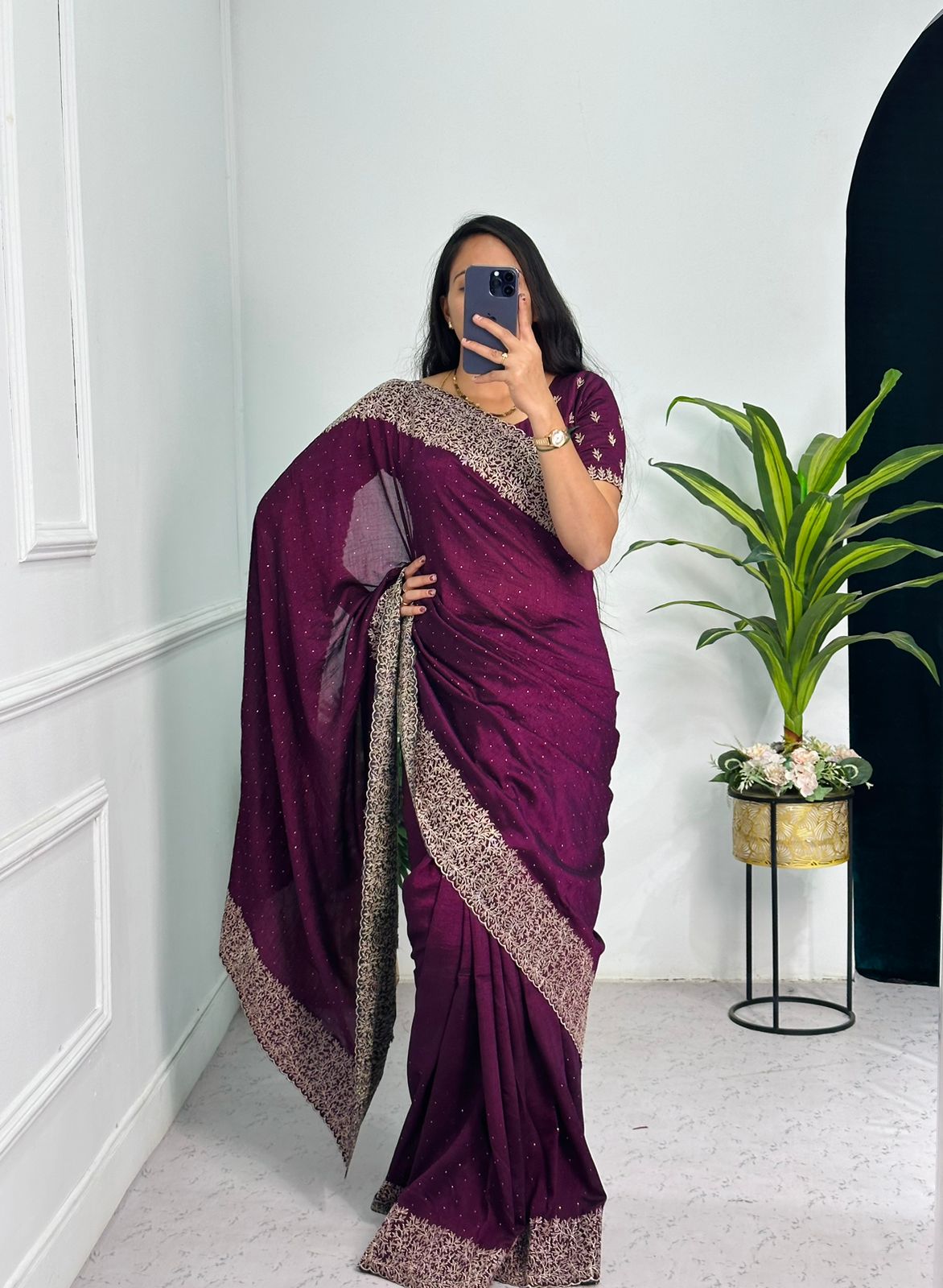 Elegant Wine Color Vichitra Silk Saree